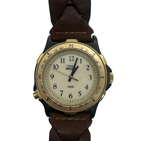 Vtg Timex Indiglo Mens Watch White Face Compass Bezel Brown Braided Leather Band - Picture 1 of 7